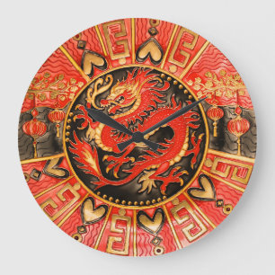 Reloj Redondo Grande Dragón chino tradicional de oro rojo