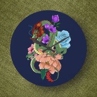 Dragón Chino Verde Místico Floral Azul Marino