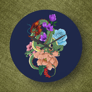 Reloj Redondo Grande Dragón Chino Verde Místico Floral Azul Marino