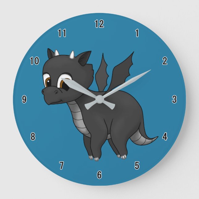 Reloj Redondo Grande Dragón de bebé volador negro lindo (Anverso)