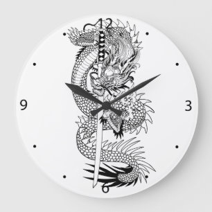 Reloj Redondo Grande dragón japonés con espada katana reloj grande