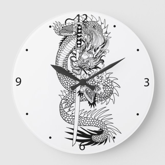 Reloj Redondo Grande dragón japonés con espada katana reloj grande (Anverso)
