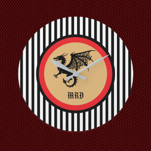 Reloj Redondo Grande Dragón negro con monograma en rayas negras y blanc