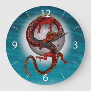 Reloj Redondo Grande Dragón Oriental Rojo - Criatura Fantástica Mítica