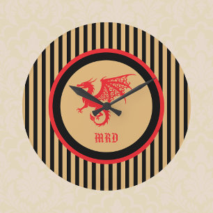 Reloj Redondo Grande Dragón Rojo con Monograma de Rayas Negras y Oro Re