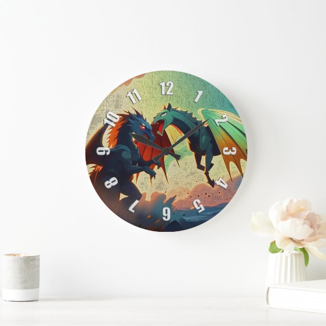 Reloj Redondo Grande Dragón vs Pegasus - Arte Fantástico (Hogar)