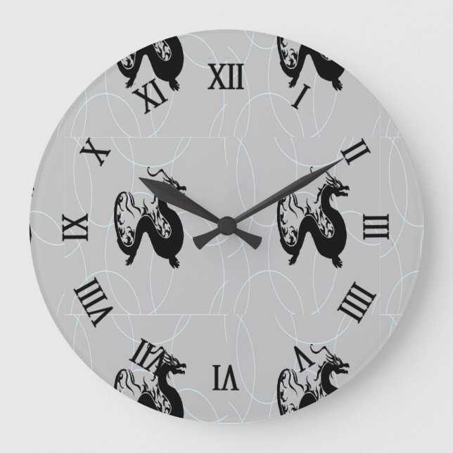 Reloj Redondo Grande dragones negros en gris (Anverso)