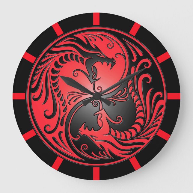 Reloj Redondo Grande Dragones, rojo y negro de Yin Yang (Anverso)