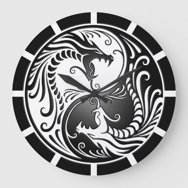 Reloj Redondo Grande Dragones Yin Yang, blancos y negros (Anverso)