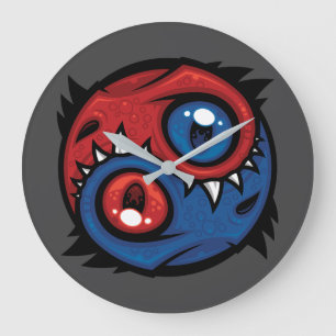 Reloj Redondo Grande Dragones Yin Yang Rojos y Azules