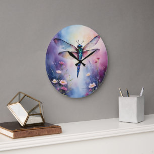 Reloj Redondo Grande Dragonfly con Flores color de agua morado