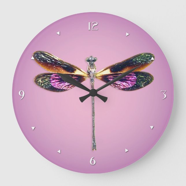 Reloj Redondo Grande Dragonfly - silver, gold, purple and black (Anverso)