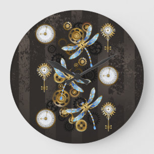 Reloj Redondo Grande Dragoniscos de Steampunk sobre fondo rayado marrón