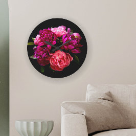 Reloj Redondo Grande Dramáticas peonías rosadas y púrpuras