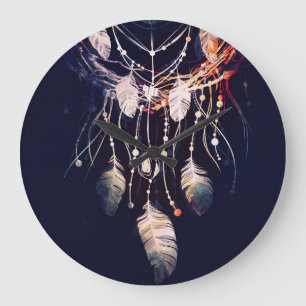 Reloj Redondo Grande Dreamcatcher, ramas, estilo boho, arte digital.