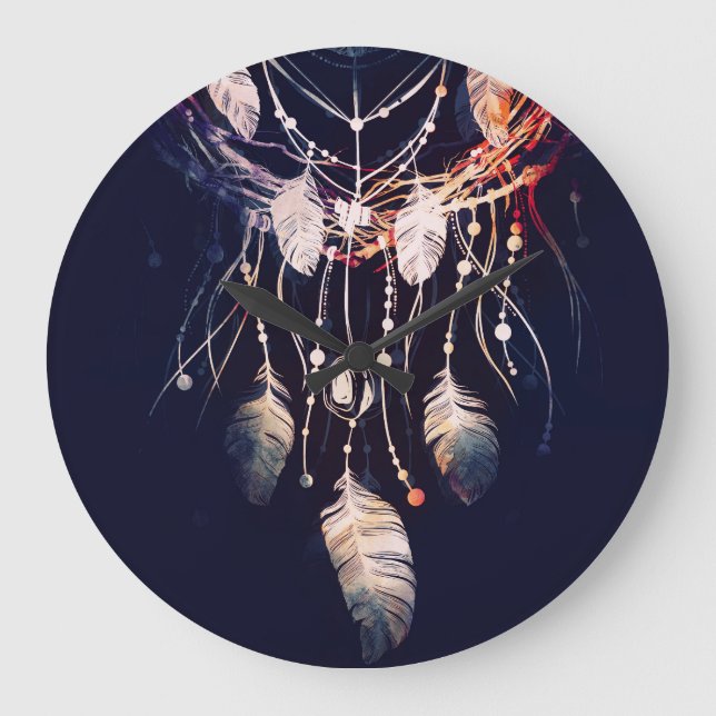 Reloj Redondo Grande Dreamcatcher, ramas, estilo boho, arte digital. (Anverso)