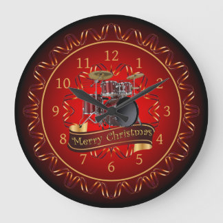 Reloj Redondo Grande Drum Set, Merry Christmas, Maroon & Black ~