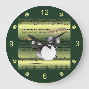 Reloj Redondo Grande Drum Set~Rolled Sheet Music~Gold/Green Background 