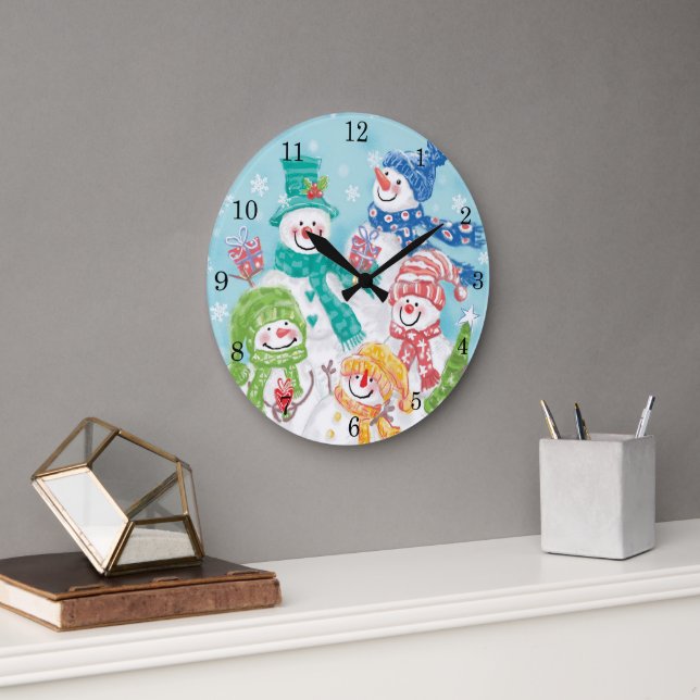 Reloj Redondo Grande Dulce familia de muñecos de nieve de Navidad en la (Oficina)
