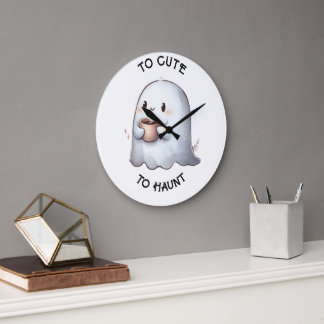 Reloj Redondo Grande Dulce Fantasma Kawaii que Sostiene Café Acuarela 