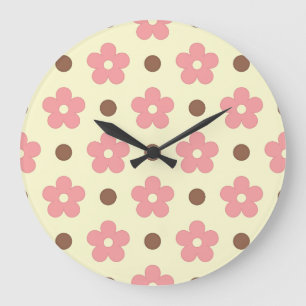 Reloj Redondo Grande Dulce Floral Rosa y Lunares Marrones Retro