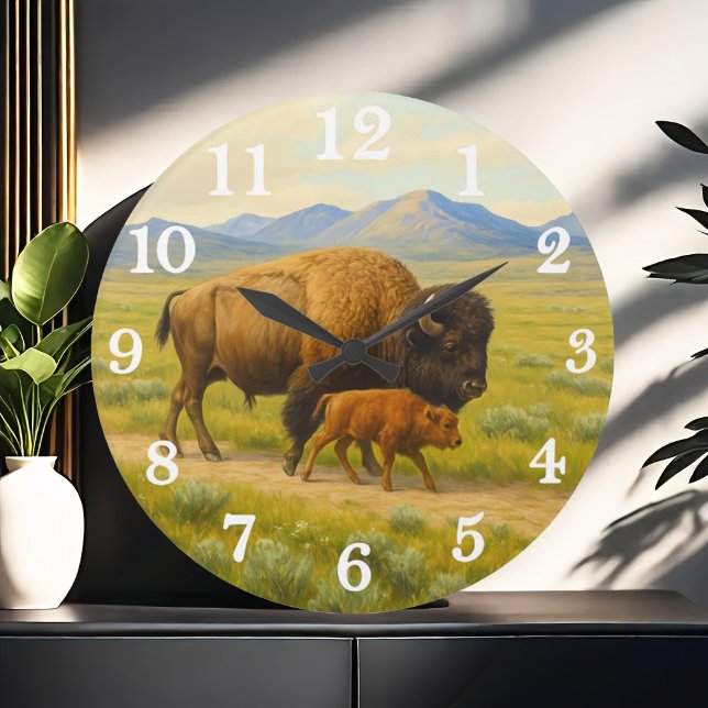 Reloj Redondo Grande Dúo de bisontes en pradera dorada (Subido por el creador)