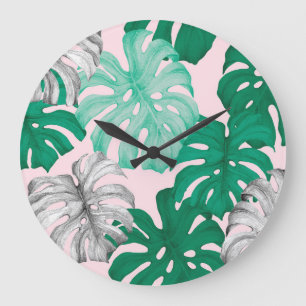 Reloj Redondo Grande Duo-Tone Mínimo Tropical Monstera