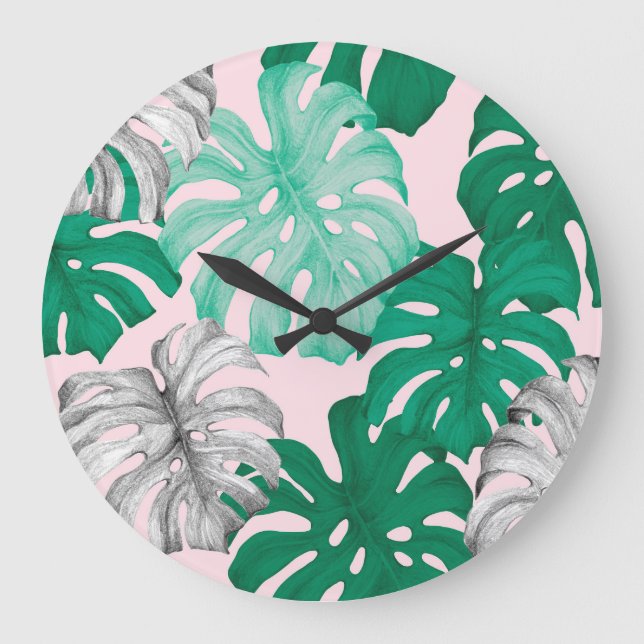 Reloj Redondo Grande Duo-Tone Mínimo Tropical Monstera (Anverso)