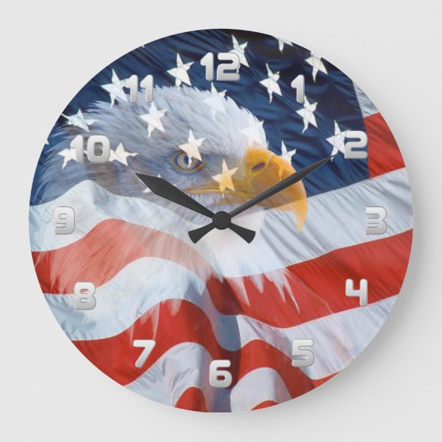 Reloj Redondo Grande Eagle calvo patriótico y la bandera americana (Anverso)
