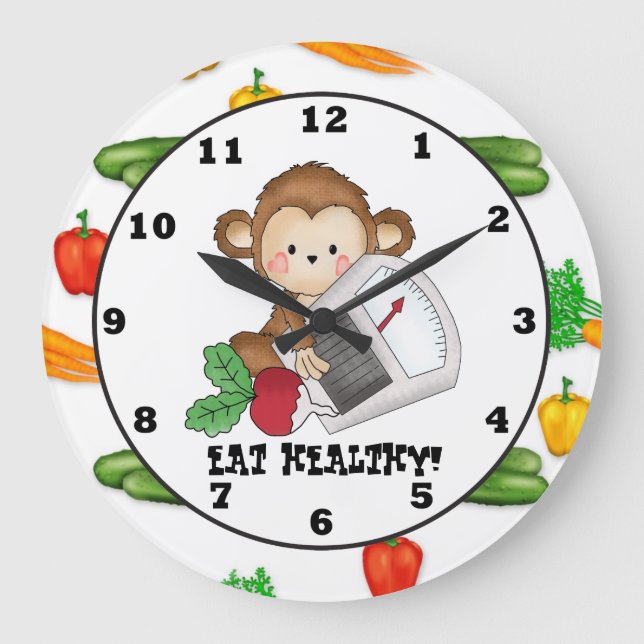 Reloj Redondo Grande Eat Healthy Monkey cartoon wall clock (Anverso)