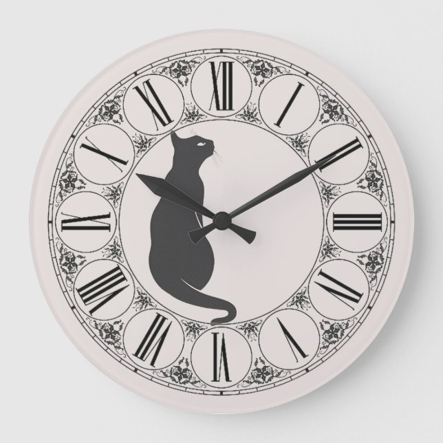 Reloj Redondo Grande Ecru con gato negro y cara numérica romana (Anverso)