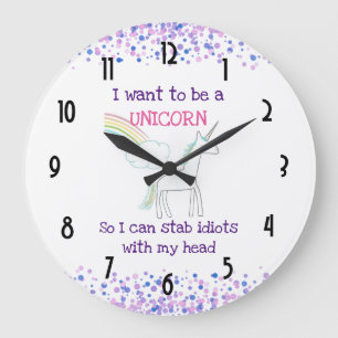 Reloj Redondo Grande Edgy Unicorn con arcoiris y confetti graciosos