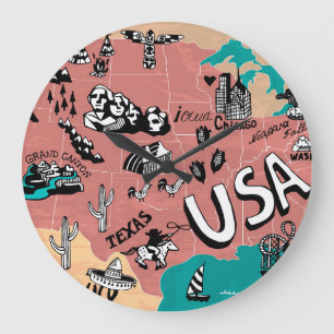 Reloj Redondo Grande EEUU Ilustrado: Colorido Viaje Mapa.