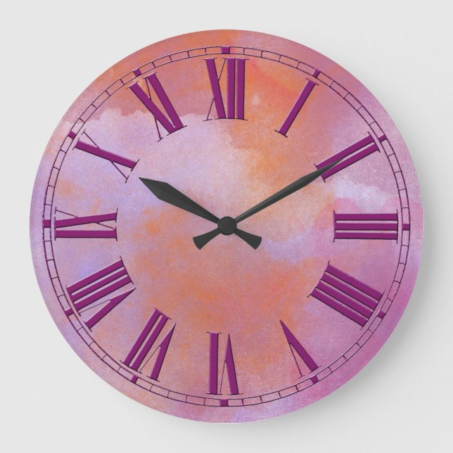 Reloj Redondo Grande Efecto acuarela morado y Naranja (Anverso)