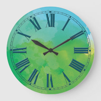 Reloj Redondo Grande Efecto de acuarela azul y verde