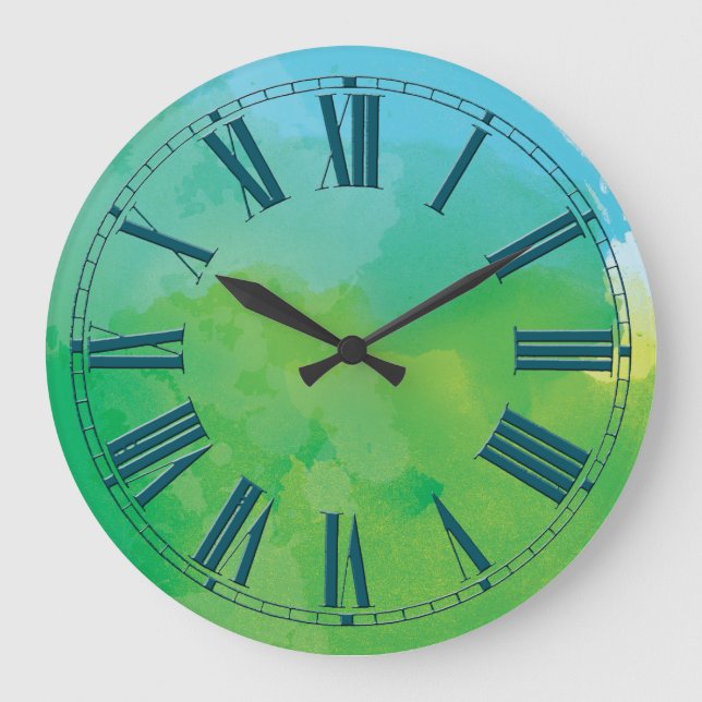 Reloj Redondo Grande Efecto de acuarela azul y verde (Anverso)