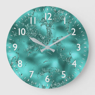 Reloj Redondo Grande Efecto mármol brillante y brillo teal elegante y h