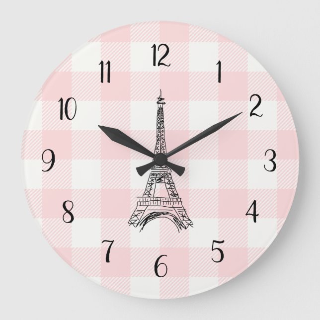 Reloj Redondo Grande Eiffel Tower French Country Pink Gingham Pattern (Anverso)