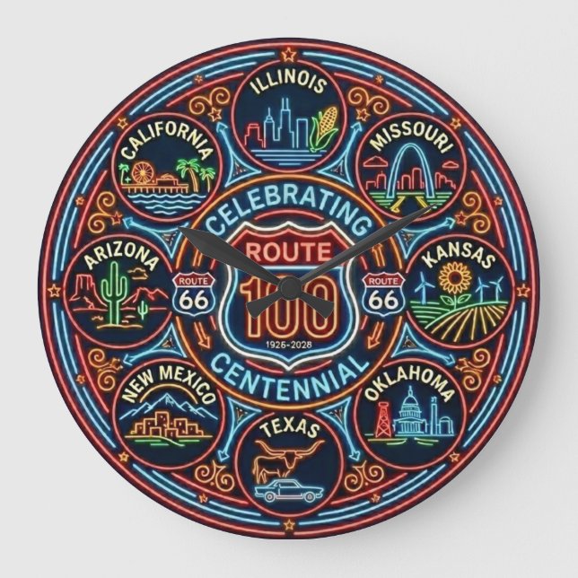 Reloj Redondo Grande Eight State Route 66 Centennial Neon (Anverso)