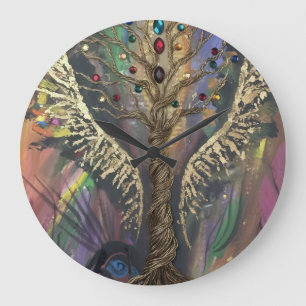 Reloj Redondo Grande El árbol divino de la vida alas celestiales y joya
