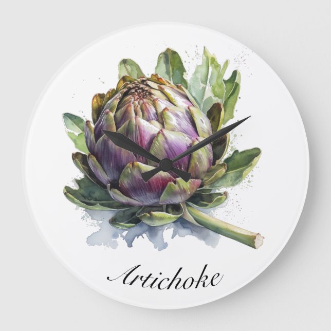 Reloj Redondo Grande El Corazón del Jardín: Artichoke en acuarela (Anverso)