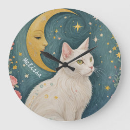 Reloj Redondo Grande El encantador gato blanco con ojos verdes