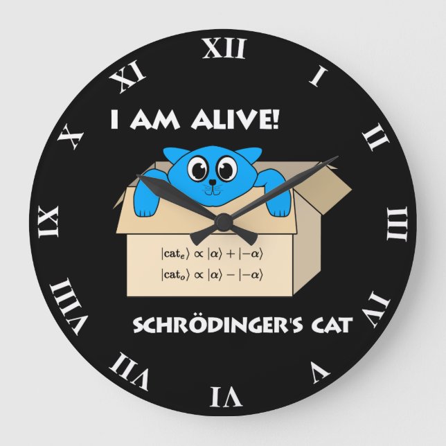 Reloj Redondo Grande El gato de Funny Schrodinger es mecánica cuántica  (Anverso)