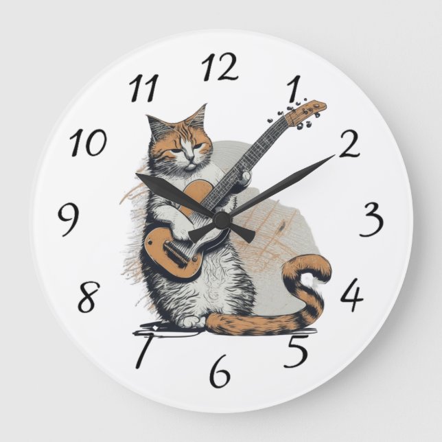 Reloj Redondo Grande El gato del Naranja de Guay Jamming en la guitarra (Anverso)
