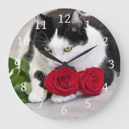 Reloj Redondo Grande El gato lindo con la rosa roja