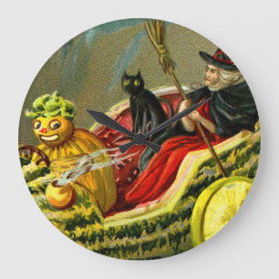 Reloj Redondo Grande El gato negro y la bruja de Halloween