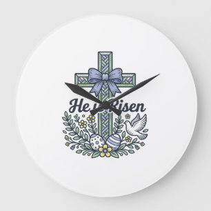 Reloj Redondo Grande Él ha resucitado Cruz de Pascua Vector Vintage