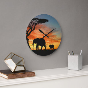 Reloj Redondo Grande El Safari Africano Sunset Elephant Silhouette Art