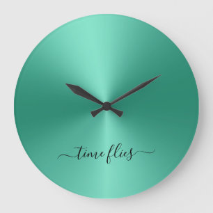 Reloj Redondo Grande El tiempo vuela suave estilo metálico verde acríli