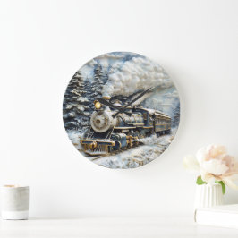 Reloj Redondo Grande El tren de vapor Winter Willerland.